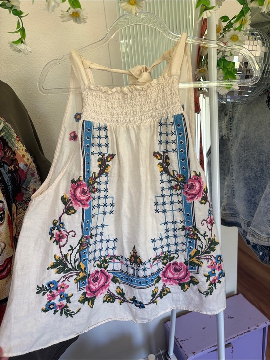 Free People Tops - Free People Cream Halter Camisole with Pink Rose & Blue Embroidery